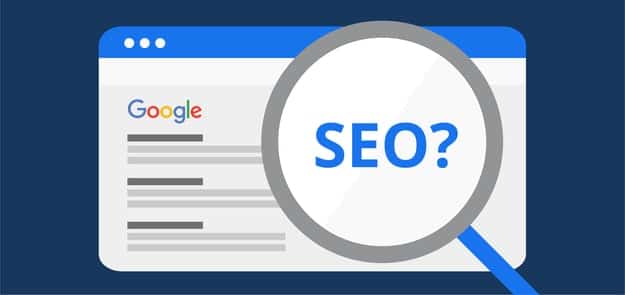 Pantalla de búsqueda de Google con una lupa con el mensaje SEO?