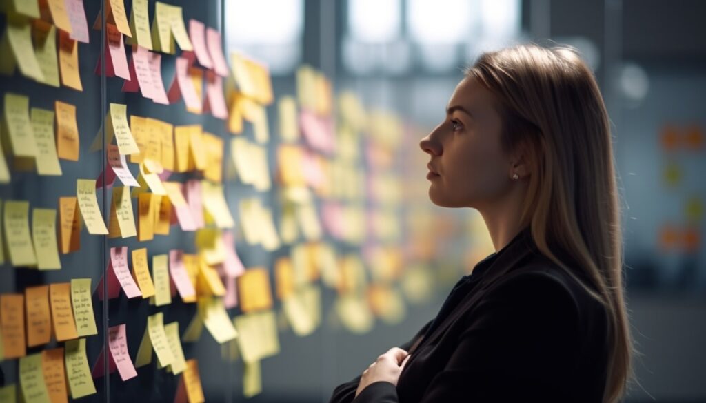 mujer mirando pared con postit